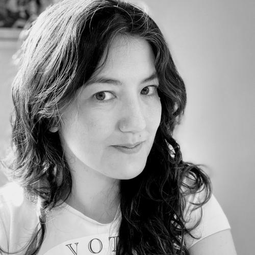 photo of woman with shoulder length hair, black and white